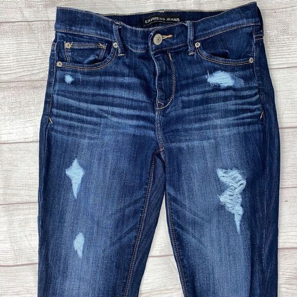 Express women 8 cotton blend mid rise distressed cropped legging blue - Picture 3 of 10